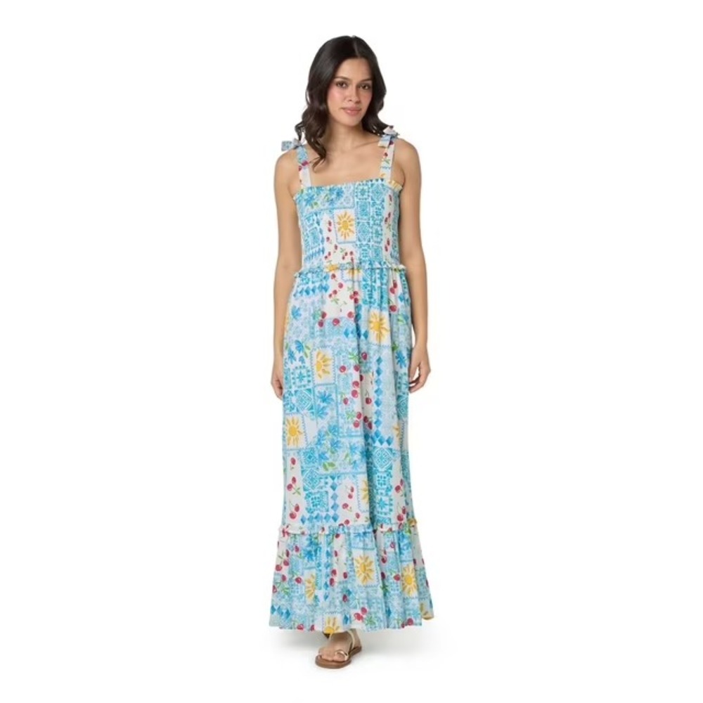 Bila Women Flora Maxi Dress Blue Cherry Multi Floral Smocked Cotton Size XL NWT